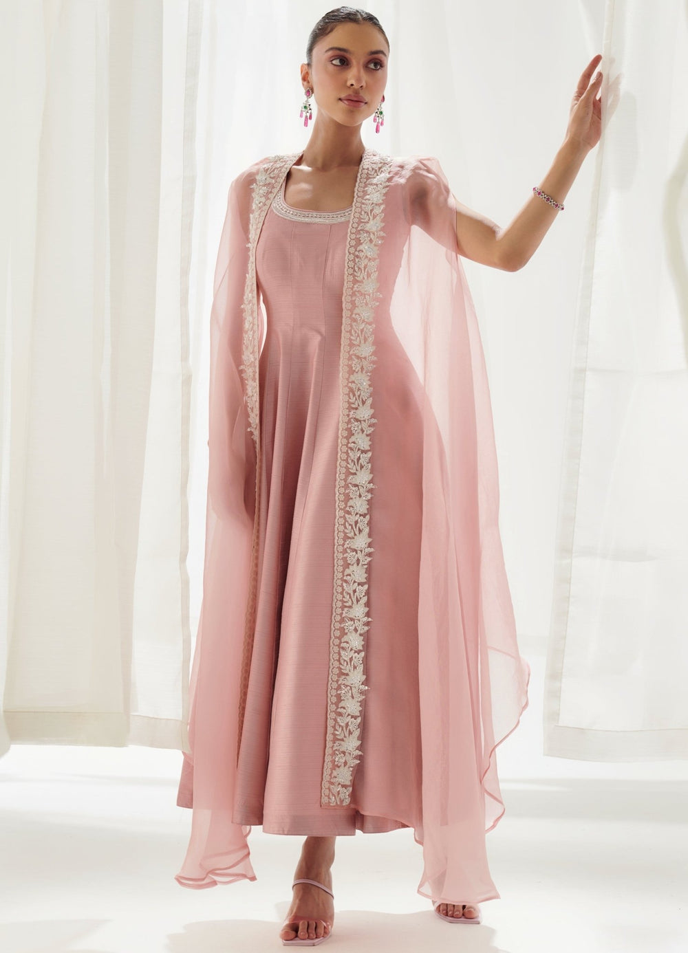Pink Silk Anarkali With Embellished Cape Suhino - Fabilicious Fashion