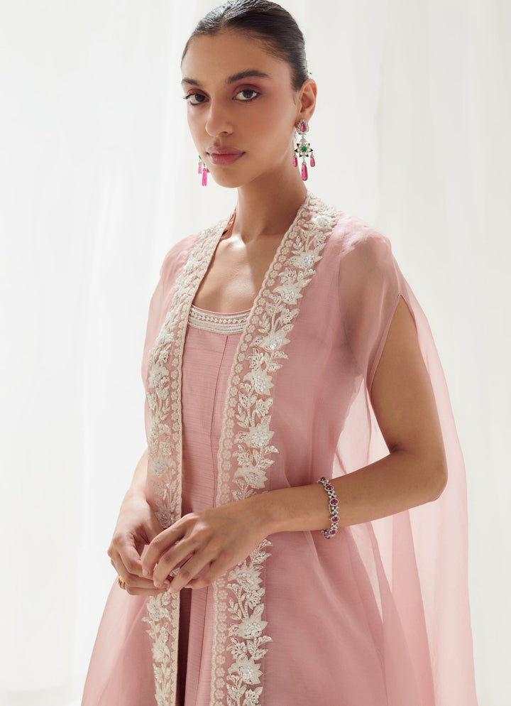 Pink Silk Anarkali With Embellished Cape Suhino - Fabilicious Fashion