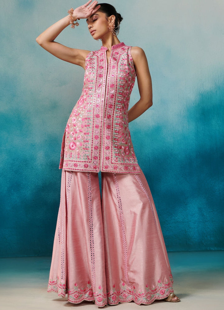 Pink Silk Front Open Kurta Set Suhino - Fabilicious Fashion