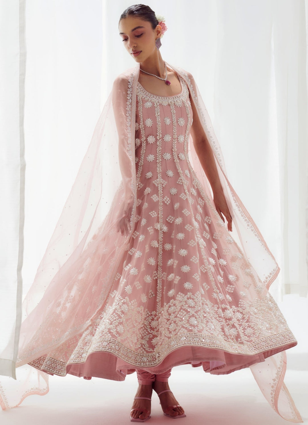 Pink Sleeveless Anarkali Set With Organza Dupatta Suhino - Fabilicious Fashion
