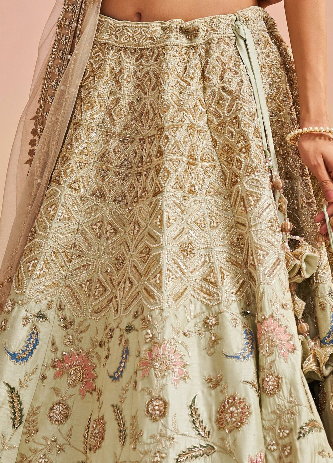 Pista Green Floral Raw Silk Lehenga Set Studio Iris - Fabilicious Fashion