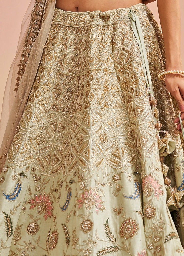 Pista Green Floral Raw Silk Lehenga Set Studio Iris - Fabilicious Fashion