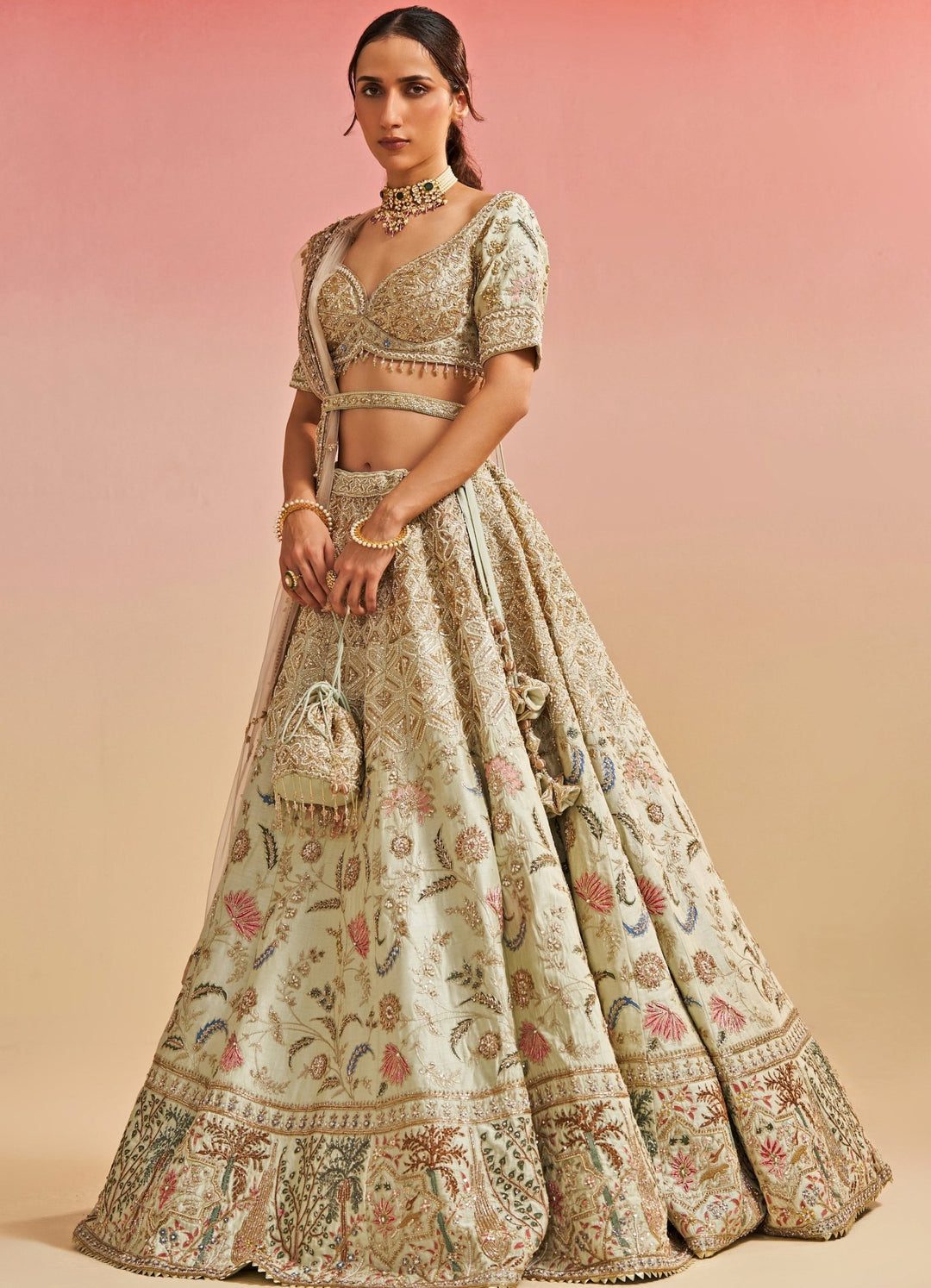 Pista Green Floral Raw Silk Lehenga Set Studio Iris - Fabilicious Fashion