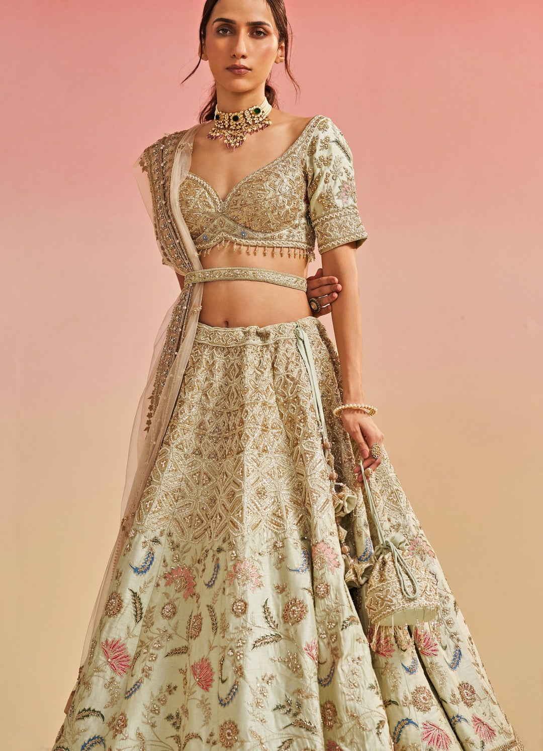 Pista Green Floral Raw Silk Lehenga Set Studio Iris - Fabilicious Fashion