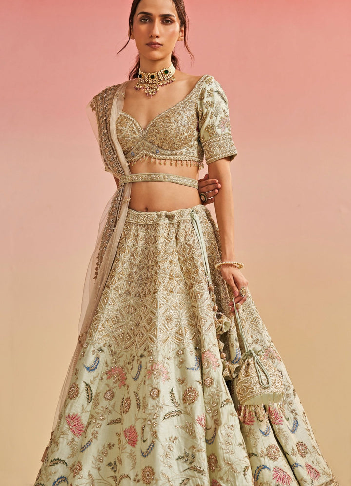 Pista Green Floral Raw Silk Lehenga Set Studio Iris - Fabilicious Fashion