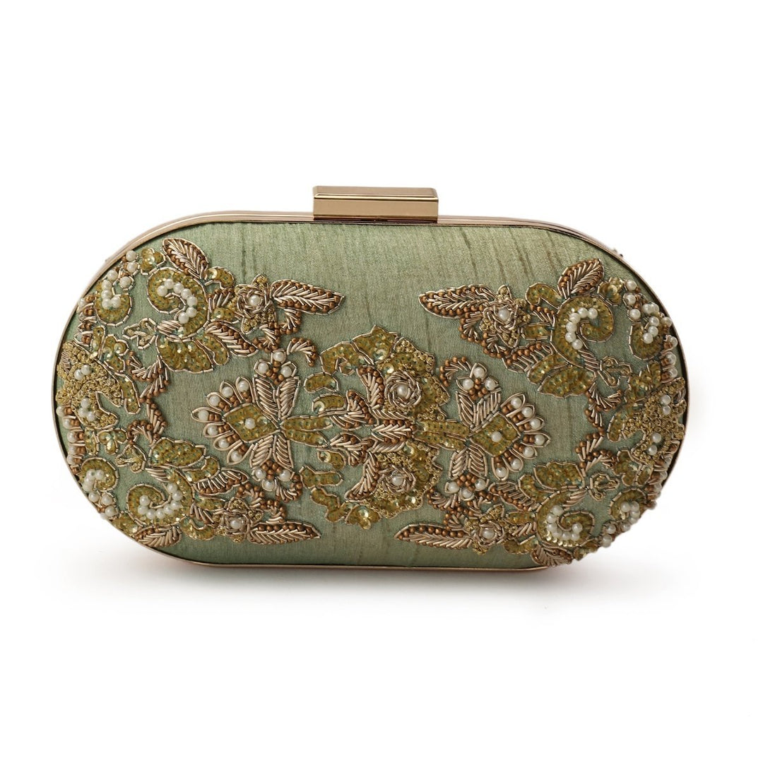 Pistachio and Gold Embellished Clutch The Purple Sack - Fabilicious Fashion