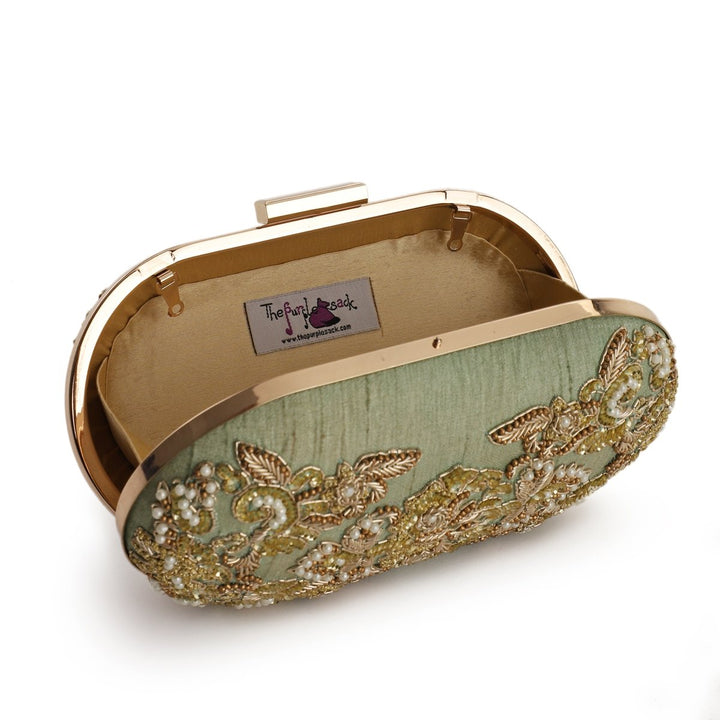 Pistachio and Gold Embellished Clutch The Purple Sack - Fabilicious Fashion