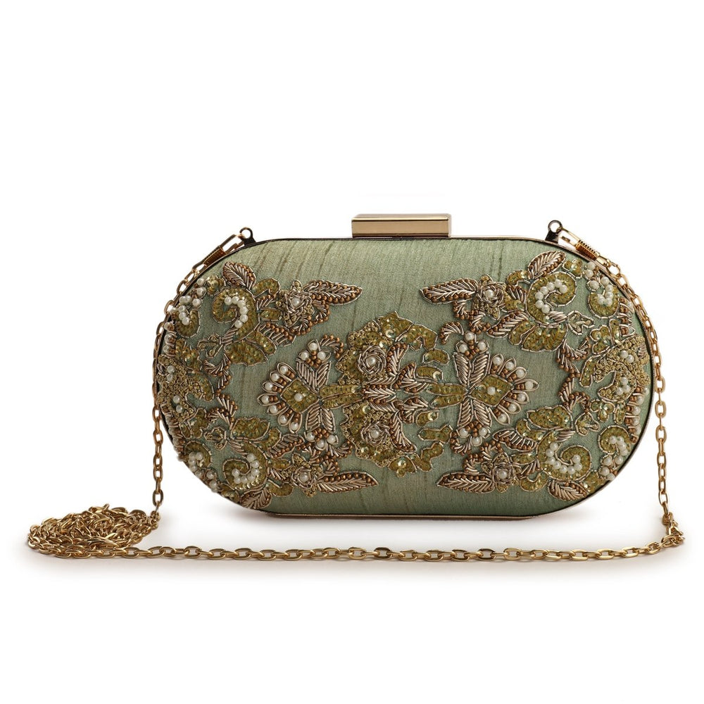Pistachio and Gold Embellished Clutch The Purple Sack - Fabilicious Fashion