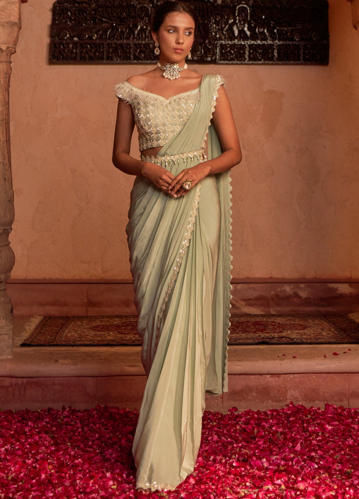 Pistachio Green Pre-Draped Crepe Saree Set With Off Shoulder Blouse Nidhika Shekhar - Fabilicious Fashion