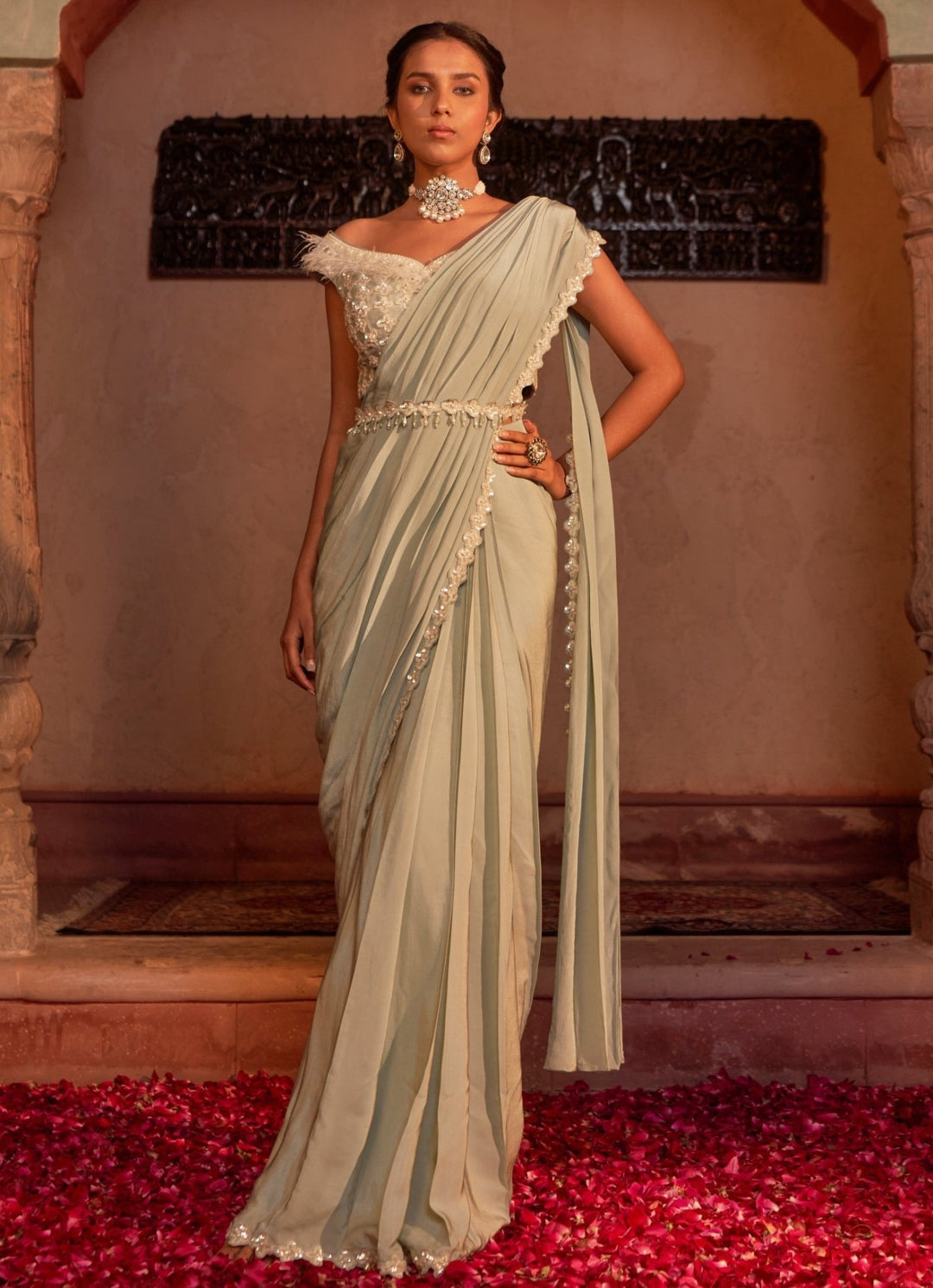 Pistachio Green Pre-Draped Crepe Saree Set With Off Shoulder Blouse Nidhika Shekhar - Fabilicious Fashion