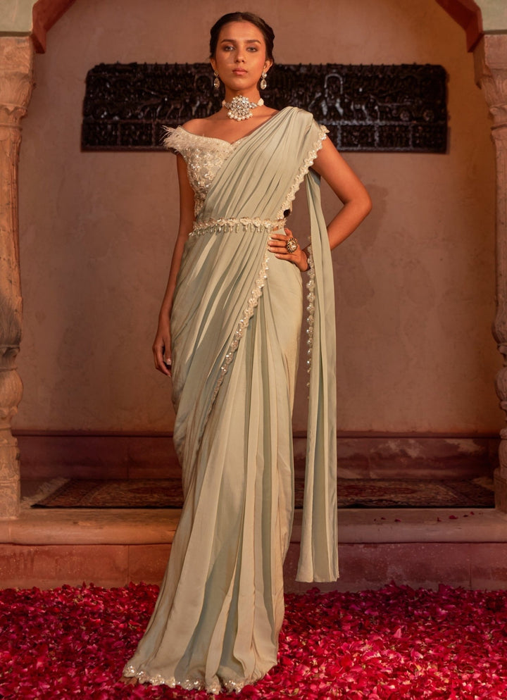 Pistachio Green Pre-Draped Crepe Saree Set With Off Shoulder Blouse Nidhika Shekhar - Fabilicious Fashion