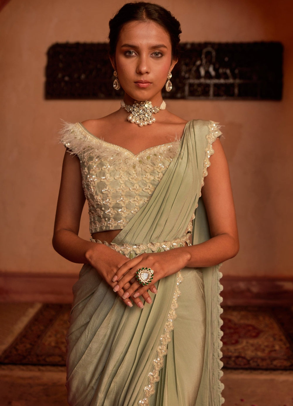 Pistachio Green Pre-Draped Crepe Saree Set With Off Shoulder Blouse Nidhika Shekhar - Fabilicious Fashion