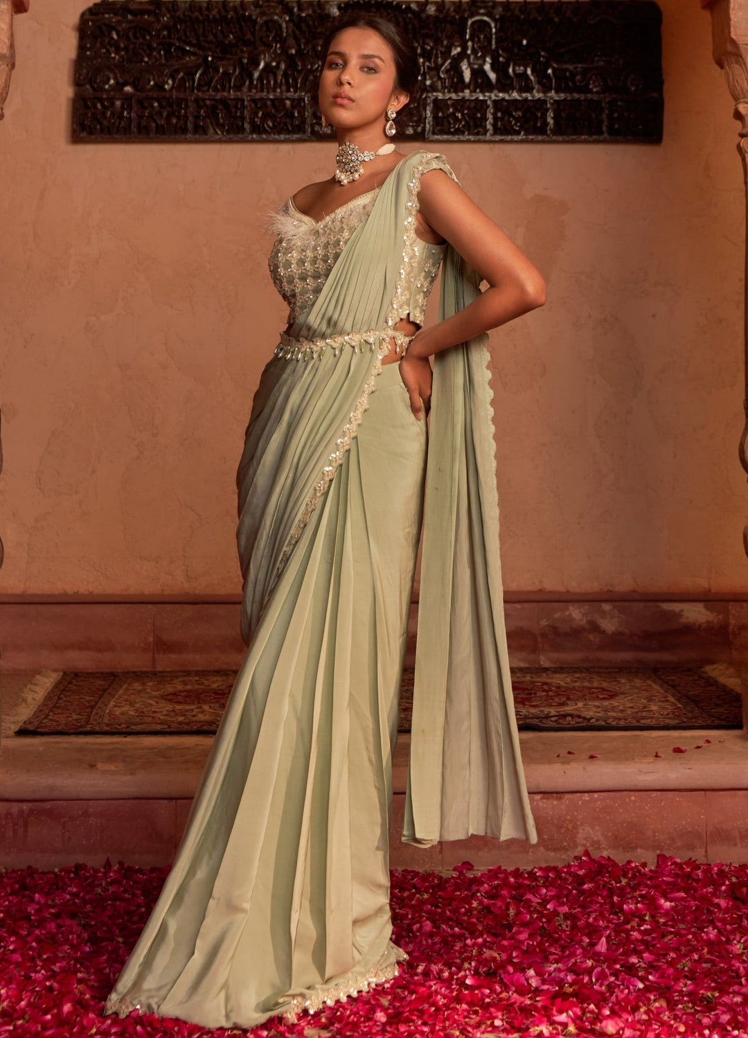Pistachio Green Pre-Draped Crepe Saree Set With Off Shoulder Blouse Nidhika Shekhar - Fabilicious Fashion