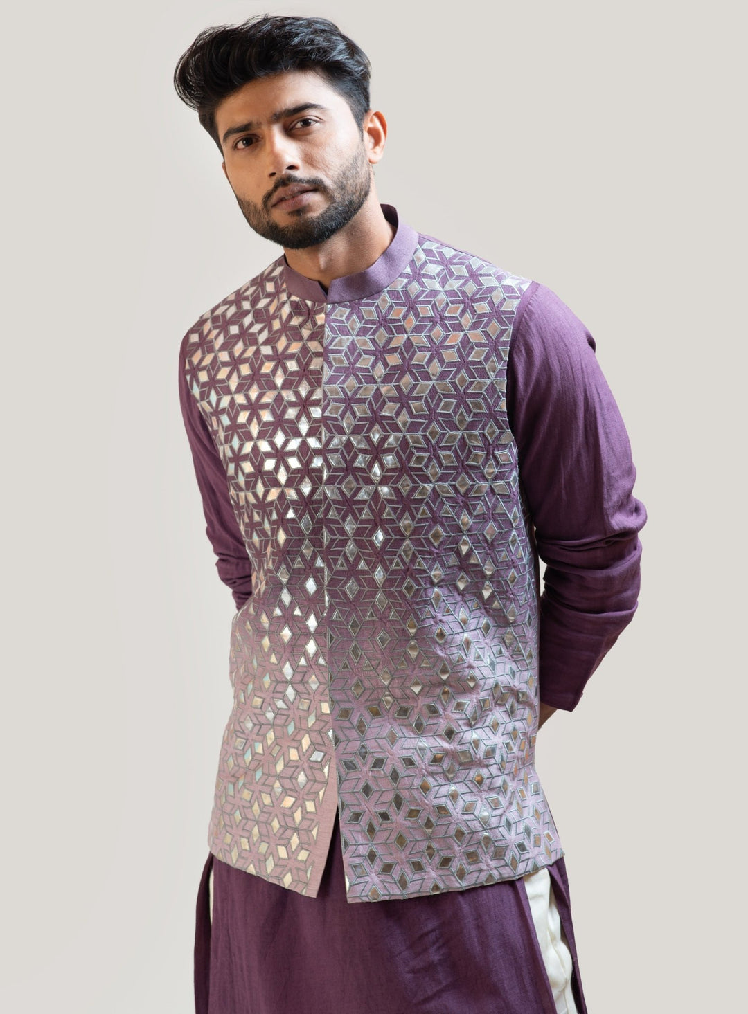 Plum Asymmetrical Kurta Set with a Lavender Ombre Applique Nehru Jacket Smriti - Fabilicious Fashion