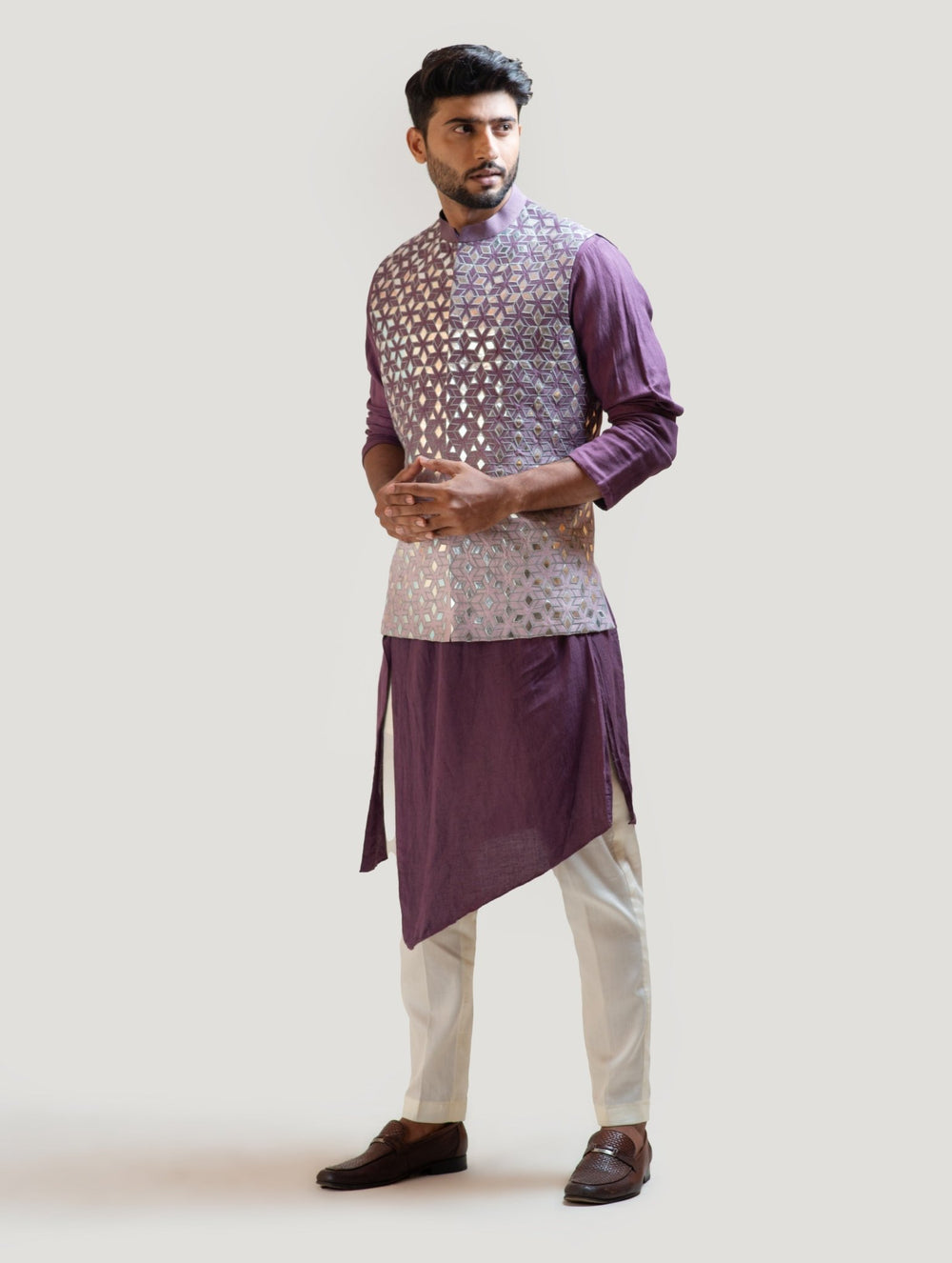 Plum Asymmetrical Kurta Set with a Lavender Ombre Applique Nehru Jacket Smriti - Fabilicious Fashion