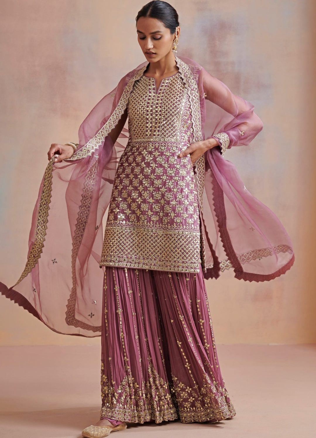Plum Zari and Mirror Silk Kurta set Suhino - Fabilicious Fashion
