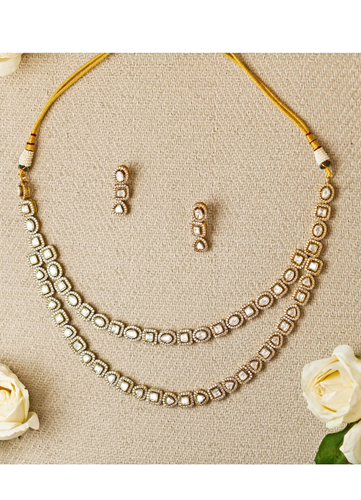Polki 2 Line Earring and Necklace Zevar by Geeta - Fabilicious Fashion