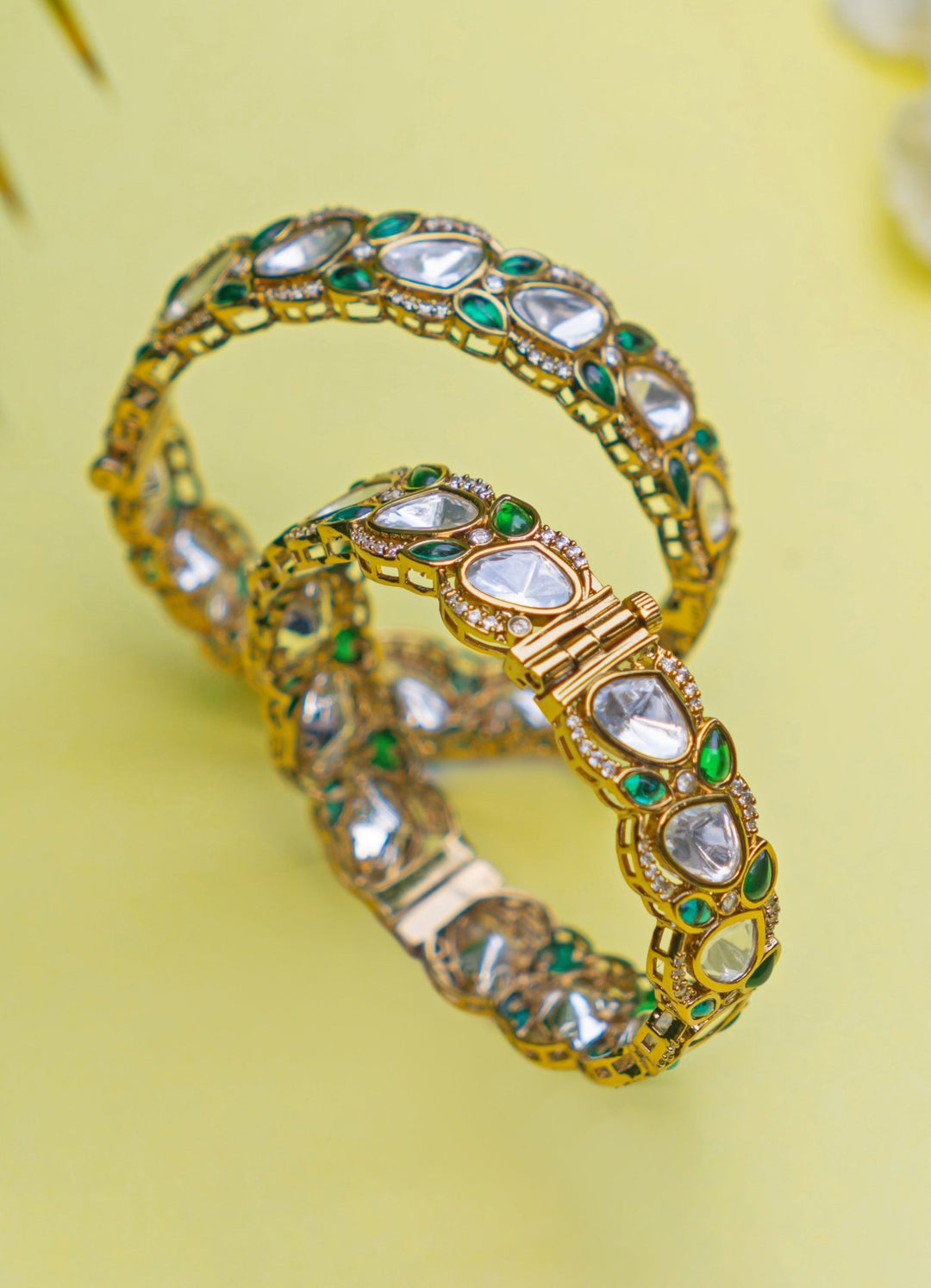 Polki and Emerald Green Gold Bangle Zevar by Geeta - Fabilicious Fashion
