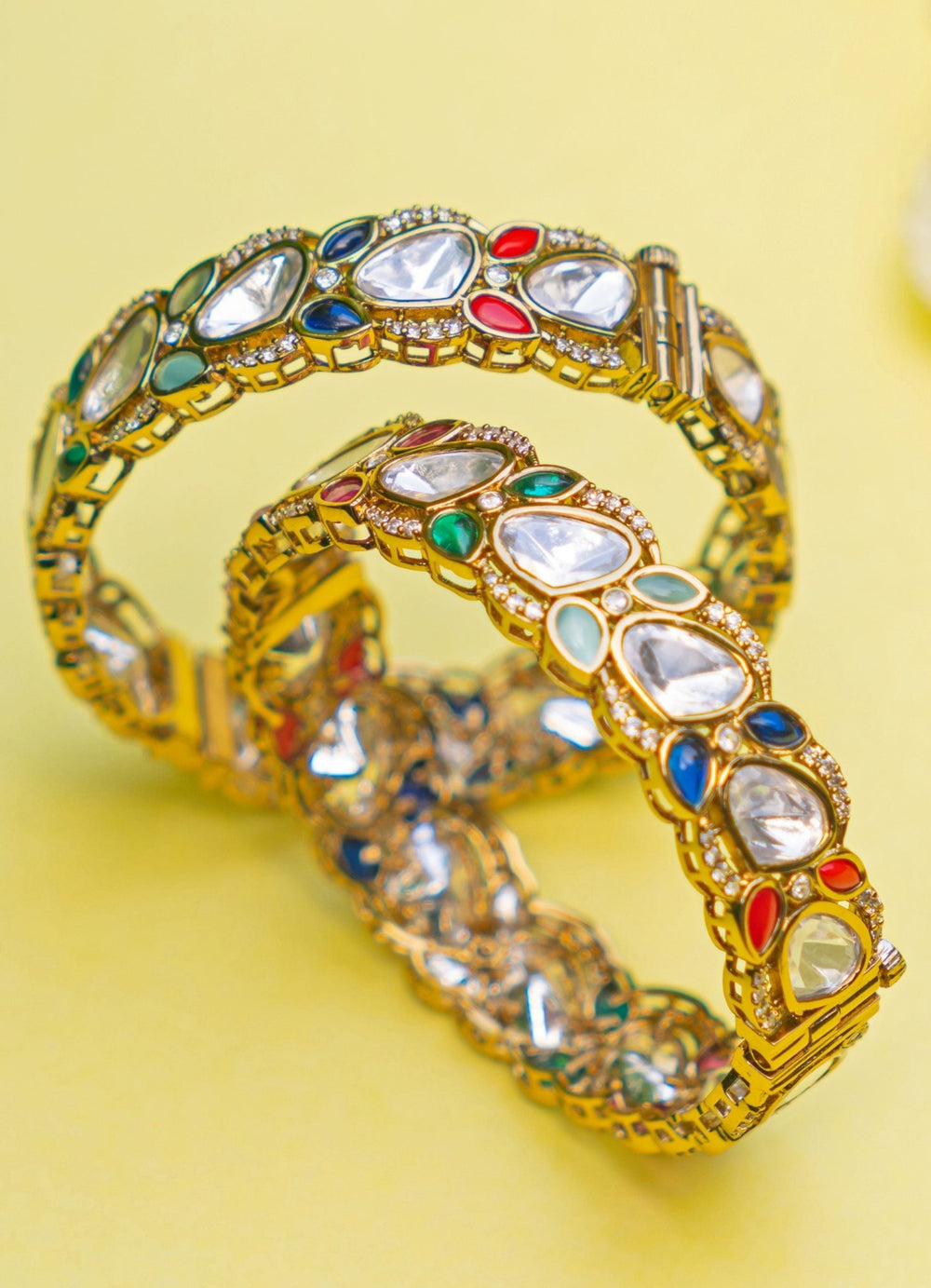 Polki and Multi Coloured Stones Gold Bangle Zevar by Geeta - Fabilicious Fashion