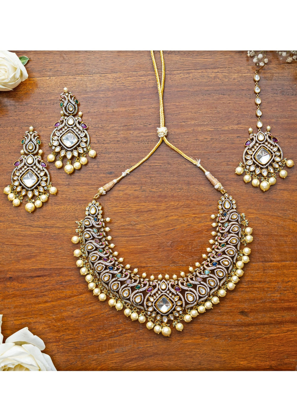Polki and Pearl Necklace Set Zevar by Geeta - Fabilicious Fashion