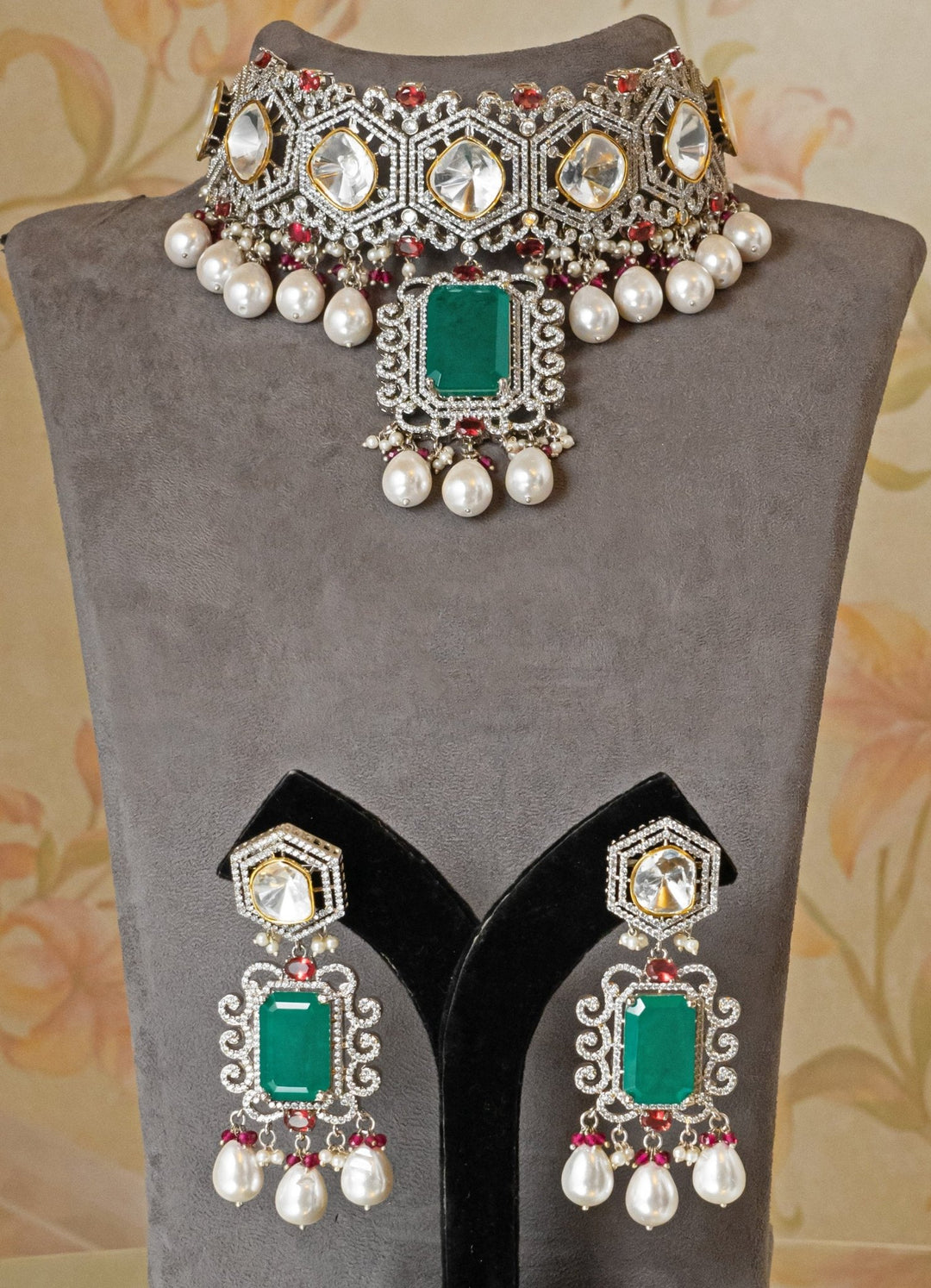 Polki Diamond Green Necklace Set Zevar by Geeta - Fabilicious Fashion