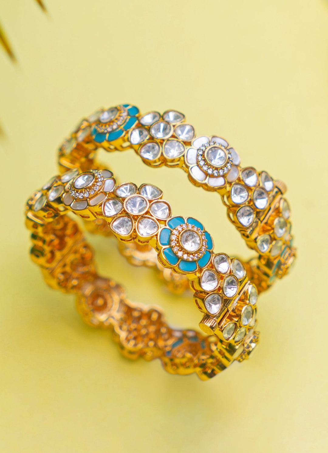 Polki Floral Blue and Gold Bangle Zevar by Geeta - Fabilicious Fashion