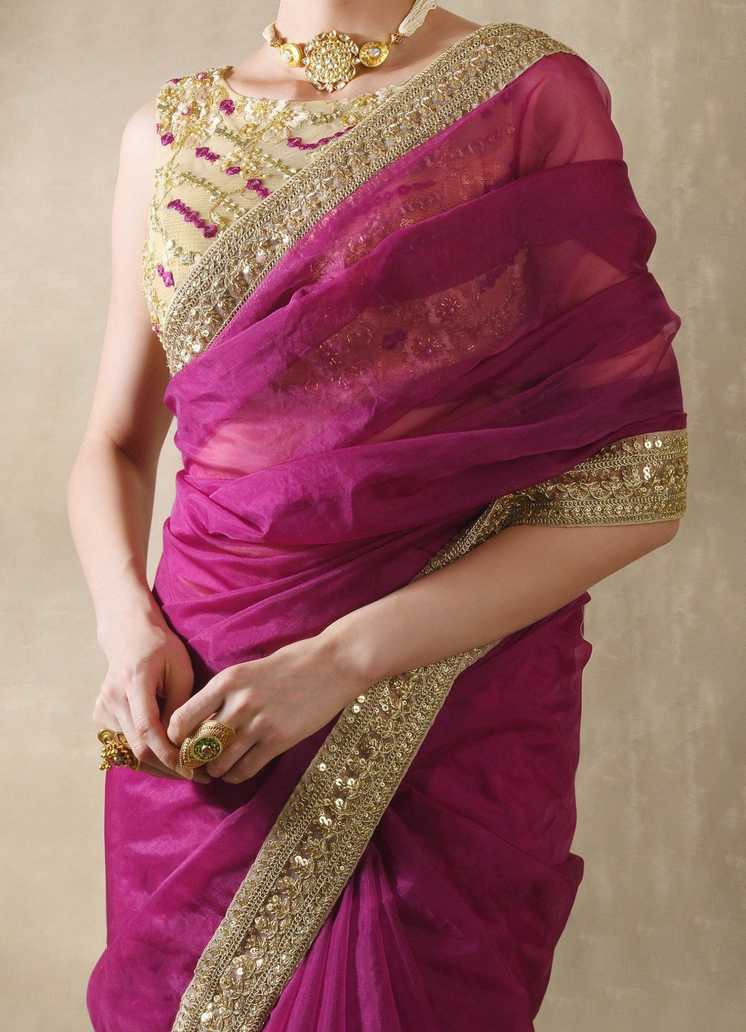 Pomegranate Organza Saree with Mirror Work Blouse Renee - Fabilicious Fashion