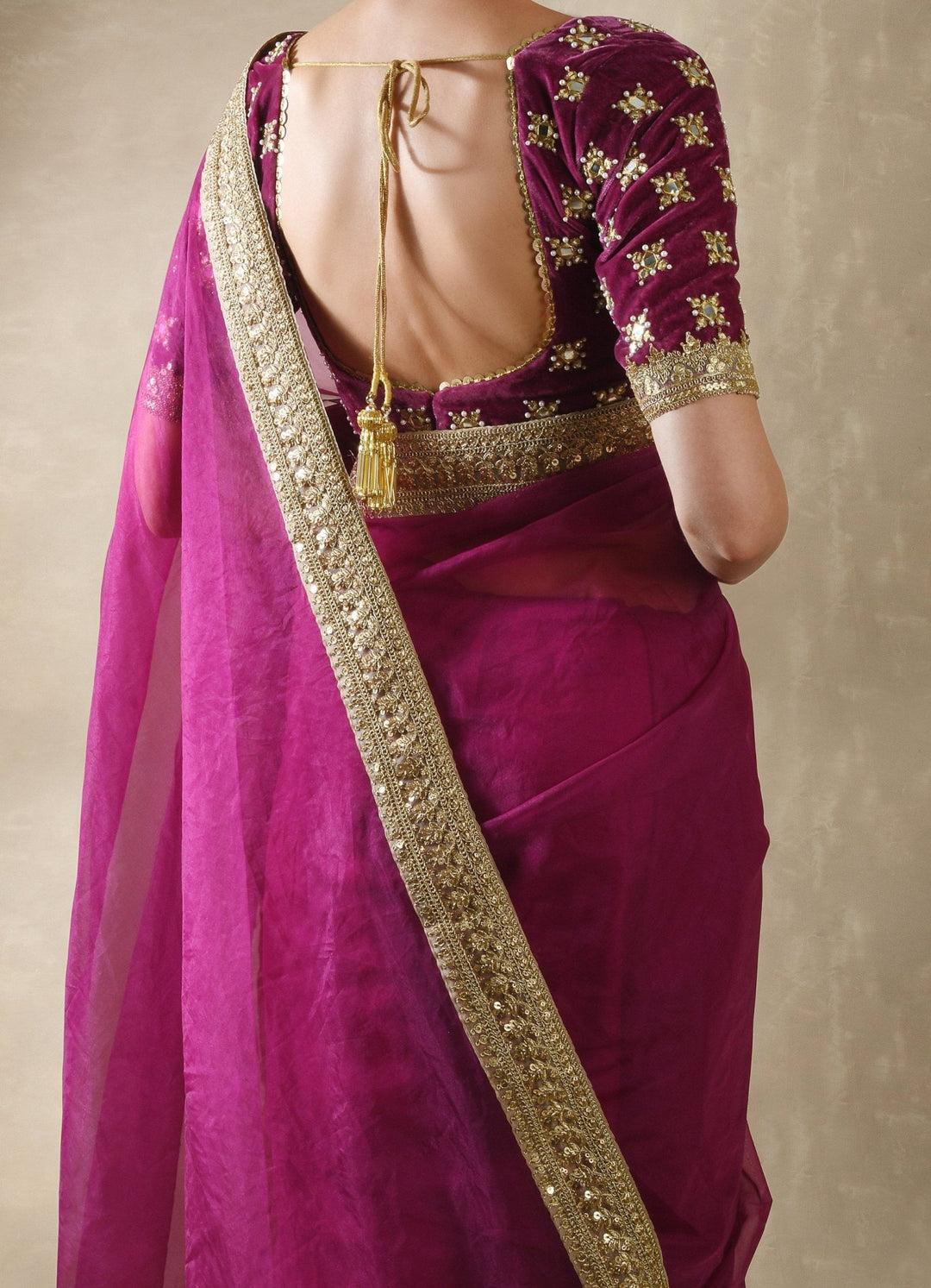 Pomegranate Organza Saree with Petunia Velvet Blouse Renee - Fabilicious Fashion