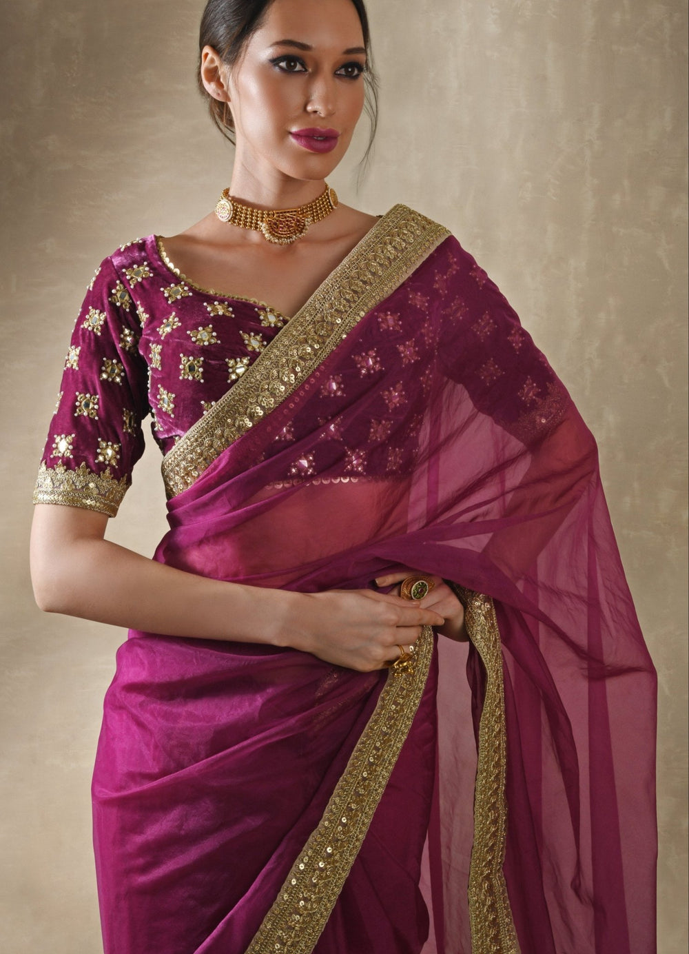 Pomegranate Organza Saree with Petunia Velvet Blouse Renee - Fabilicious Fashion