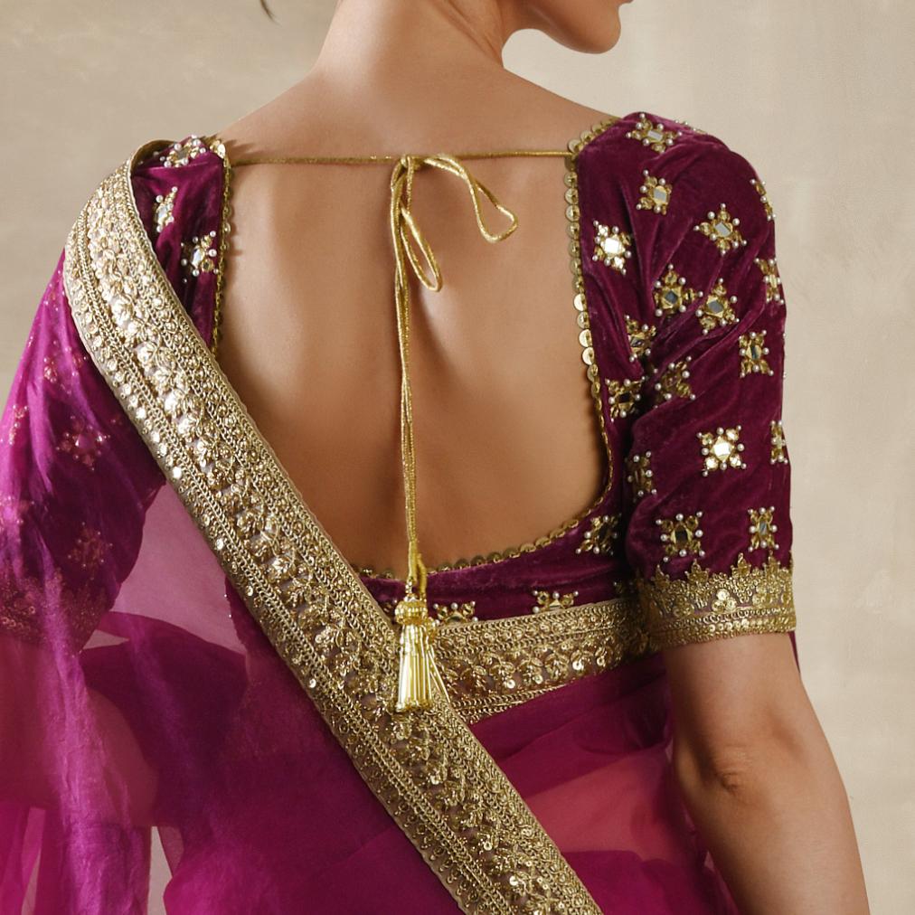 Pomegranate Organza Saree with Petunia Velvet Blouse Renee - Fabilicious Fashion