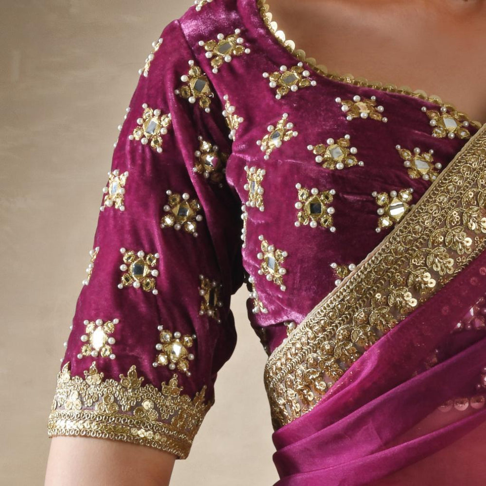 Pomegranate Organza Saree with Petunia Velvet Blouse Renee - Fabilicious Fashion