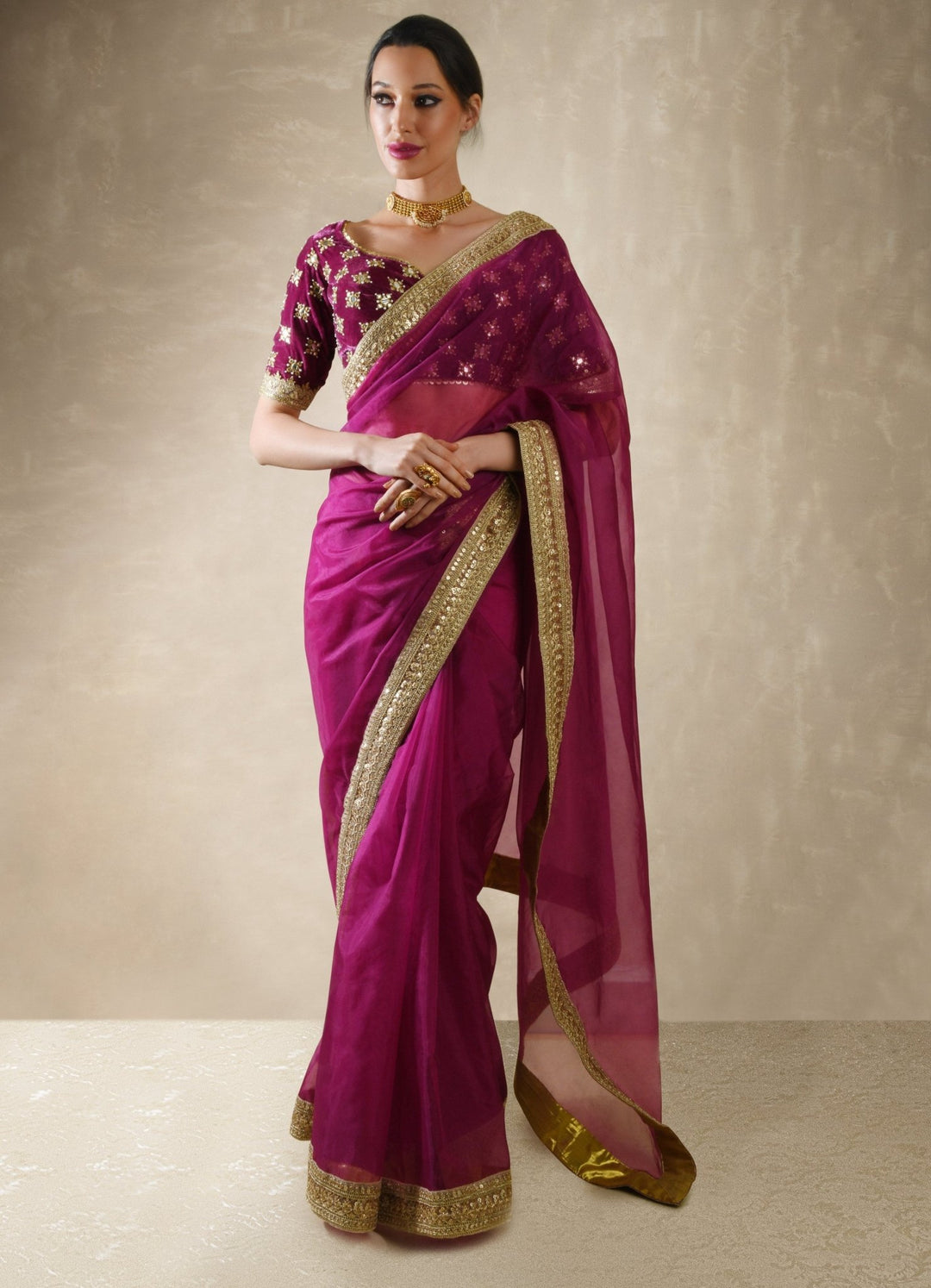 Pomegranate Organza Saree with Petunia Velvet Blouse Renee - Fabilicious Fashion