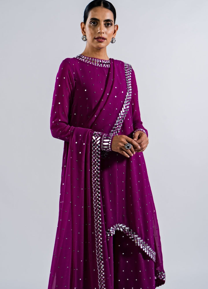 Pop Wine Asymetrical Kurta Set With Dupatta Vvani by Vani Vats - Fabilicious Fashion