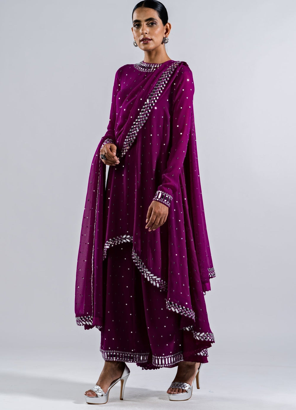 Pop Wine Asymetrical Kurta Set With Dupatta Vvani by Vani Vats - Fabilicious Fashion