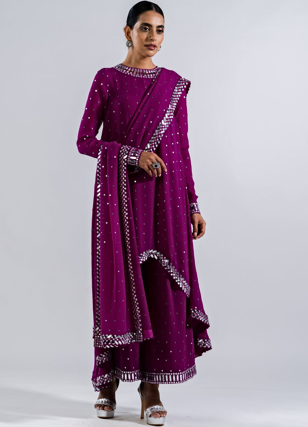 Pop Wine Asymetrical Kurta Set With Dupatta Vvani by Vani Vats - Fabilicious Fashion