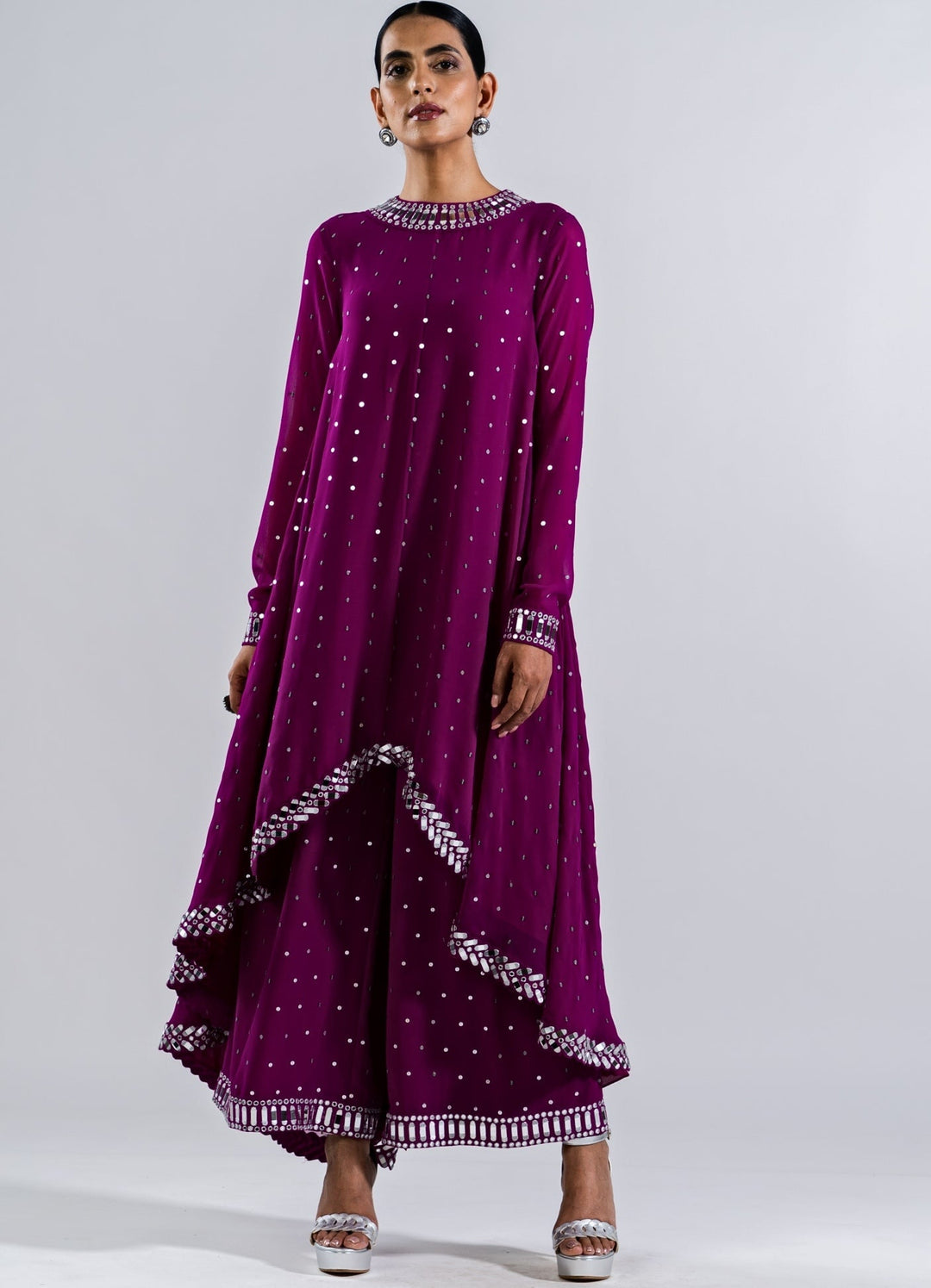 Pop Wine Asymetrical Kurta Set Vvani by Vani Vats - Fabilicious Fashion