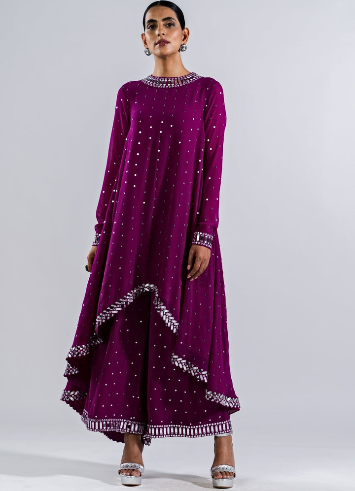Pop Wine Asymetrical Kurta Set Vvani by Vani Vats - Fabilicious Fashion