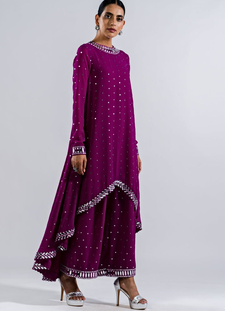 Pop Wine Asymetrical Kurta Set Vvani by Vani Vats - Fabilicious Fashion