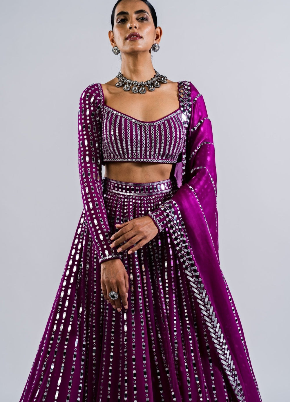 Pop Wine Multi Linear Mirror Lehenga With Full Sleeves Mirror Blouse Vvani by Vani Vats - Fabilicious Fashion