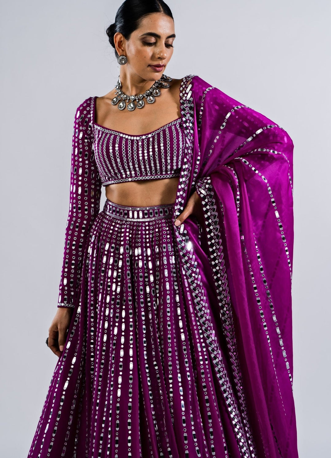 Pop Wine Multi Linear Mirror Lehenga With Full Sleeves Mirror Blouse Vvani by Vani Vats - Fabilicious Fashion