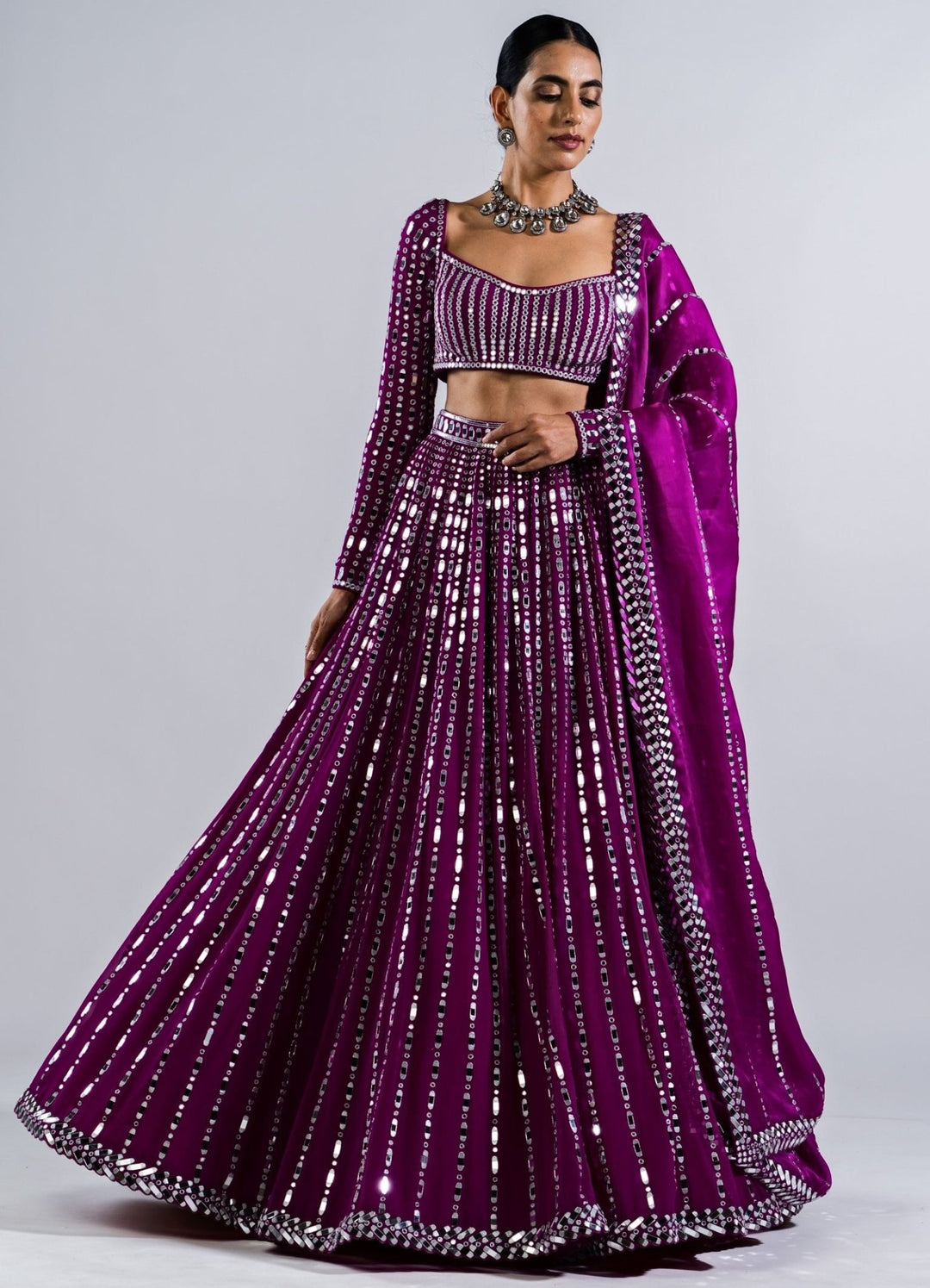 Pop Wine Multi Linear Mirror Lehenga With Full Sleeves Mirror Blouse Vvani by Vani Vats - Fabilicious Fashion