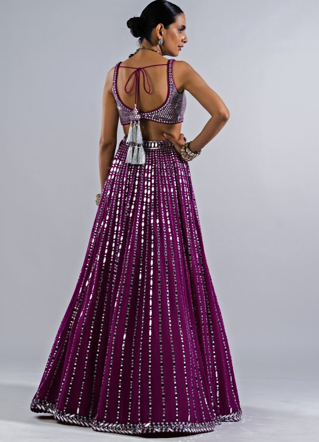 Pop Wine Multi Linear Mirror Lehenga With Metallic Sequinned Blouse Vvani by Vani Vats - Fabilicious Fashion