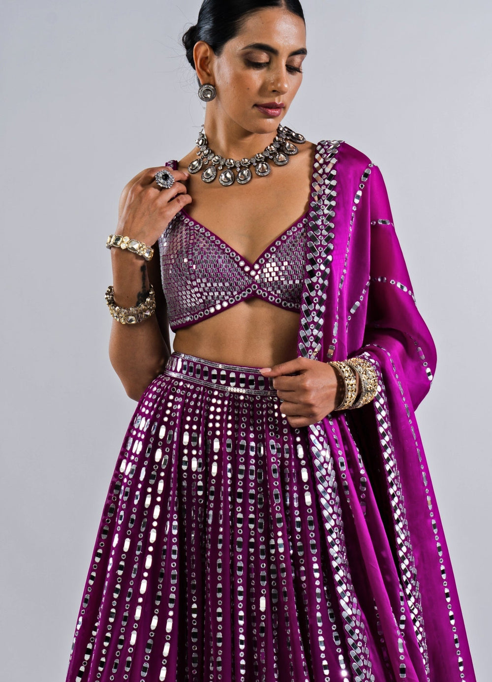 Pop Wine Multi Linear Mirror Lehenga With Metallic Sequinned Blouse Vvani by Vani Vats - Fabilicious Fashion