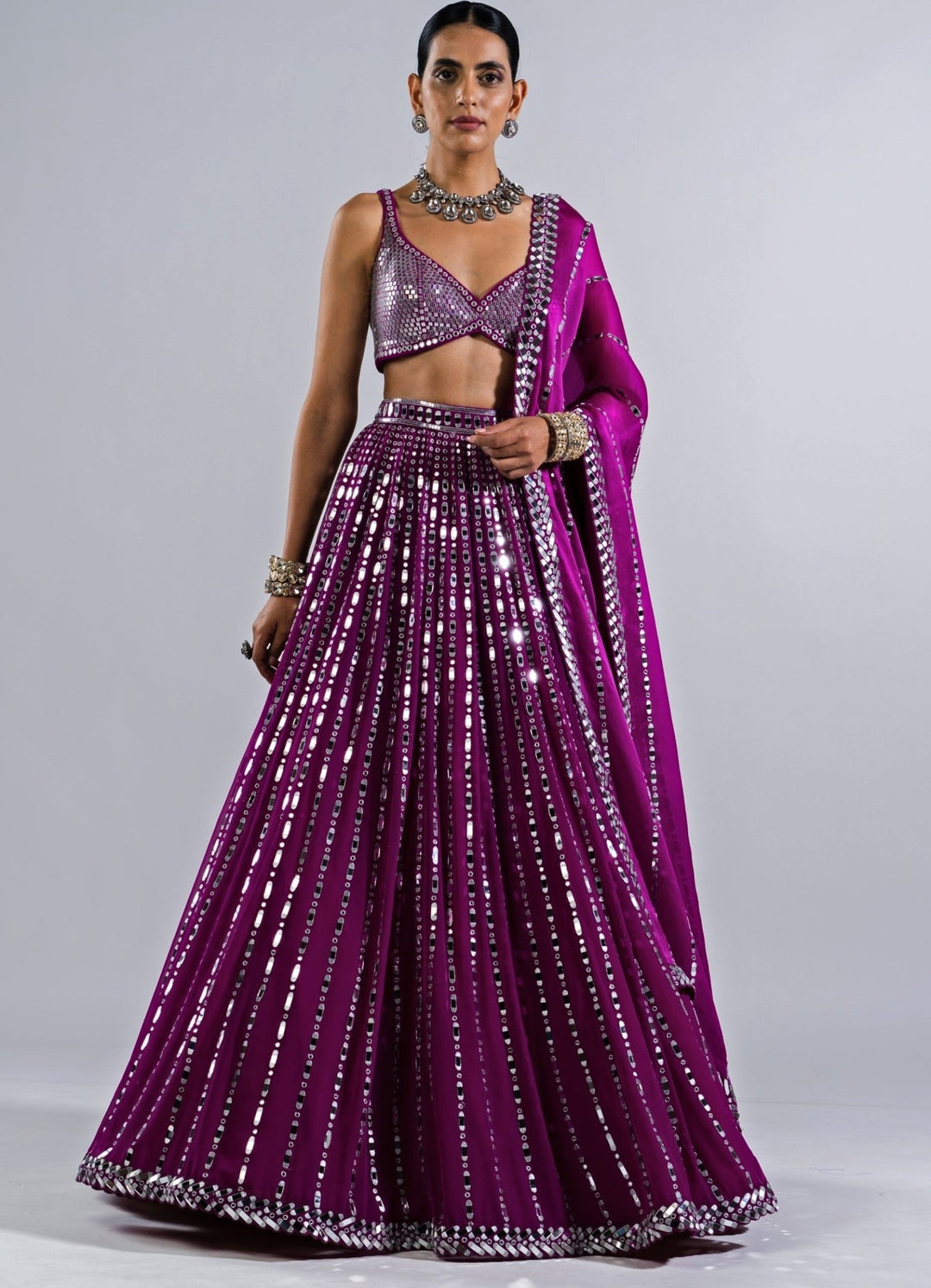 Pop Wine Multi Linear Mirror Lehenga With Metallic Sequinned Blouse Vvani by Vani Vats - Fabilicious Fashion