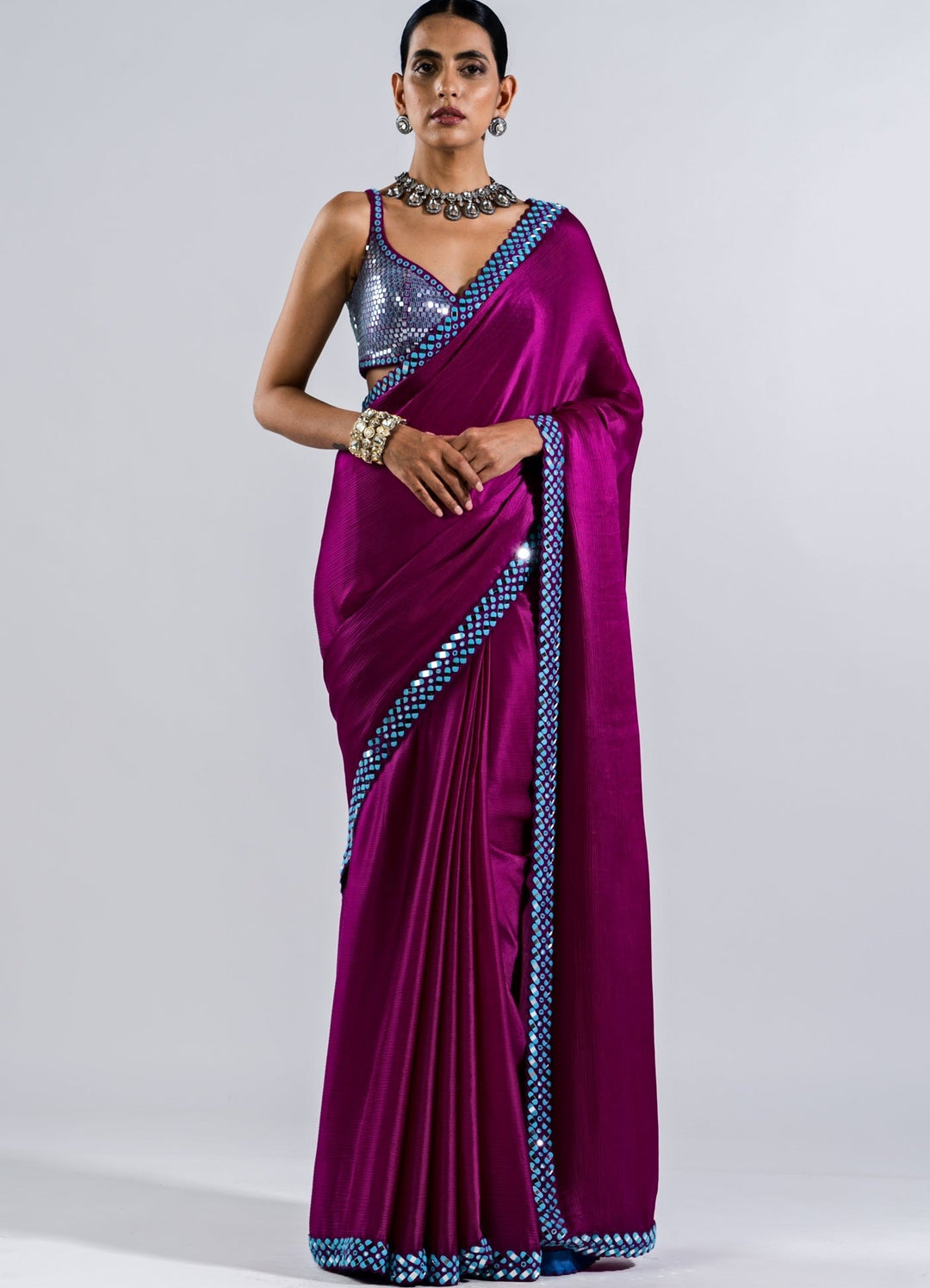 Pop Wine Satin Chiffon Saree With Metallic Sequinned Blouse Set Vvani by Vani Vats - Fabilicious Fashion