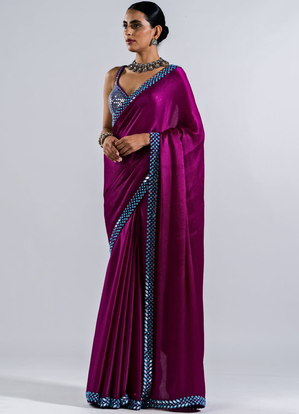 Pop Wine Satin Chiffon Saree With Metallic Sequinned Blouse Set Vvani by Vani Vats - Fabilicious Fashion