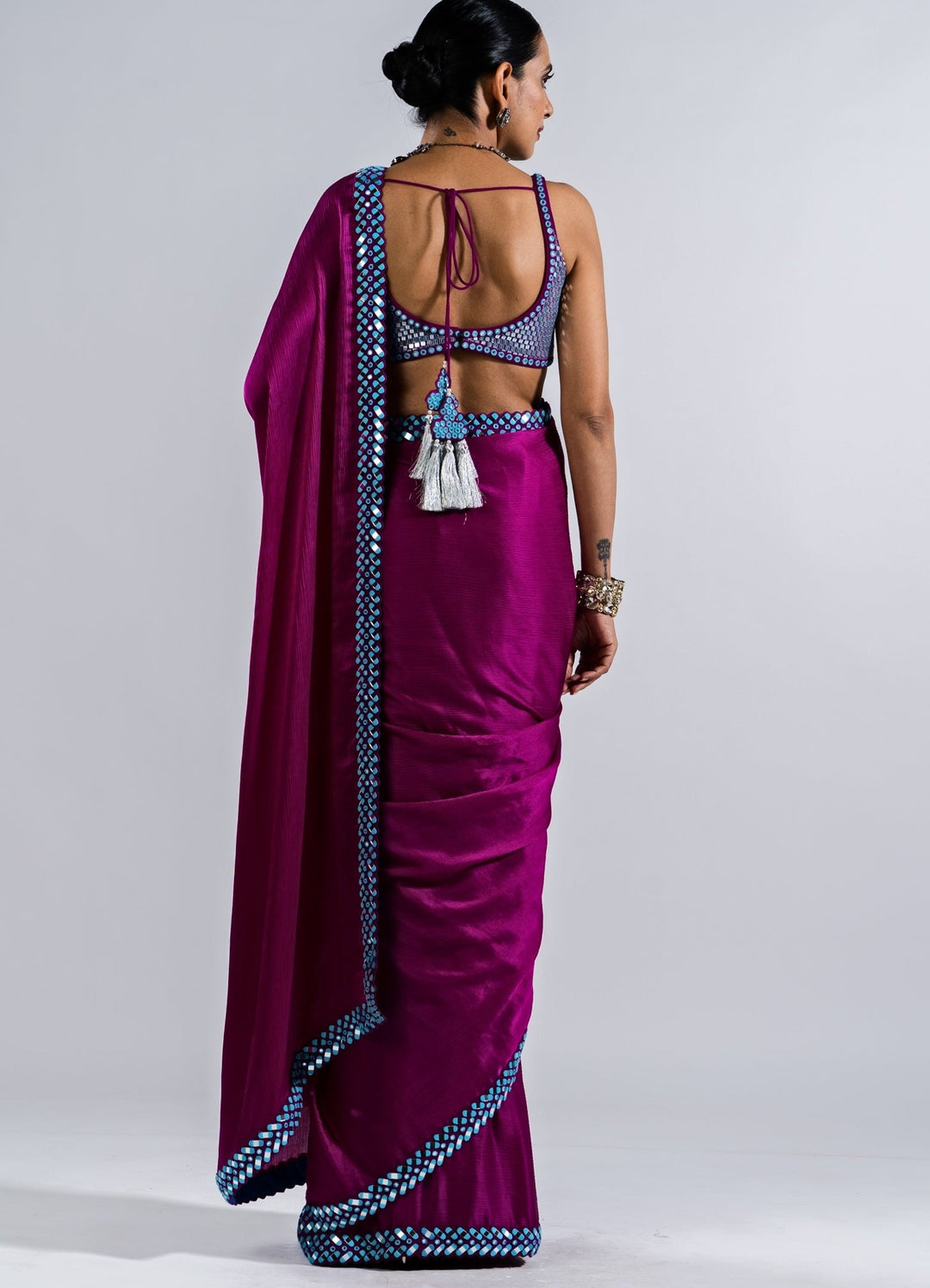 Pop Wine Satin Chiffon Saree With Metallic Sequinned Blouse Set Vvani by Vani Vats - Fabilicious Fashion