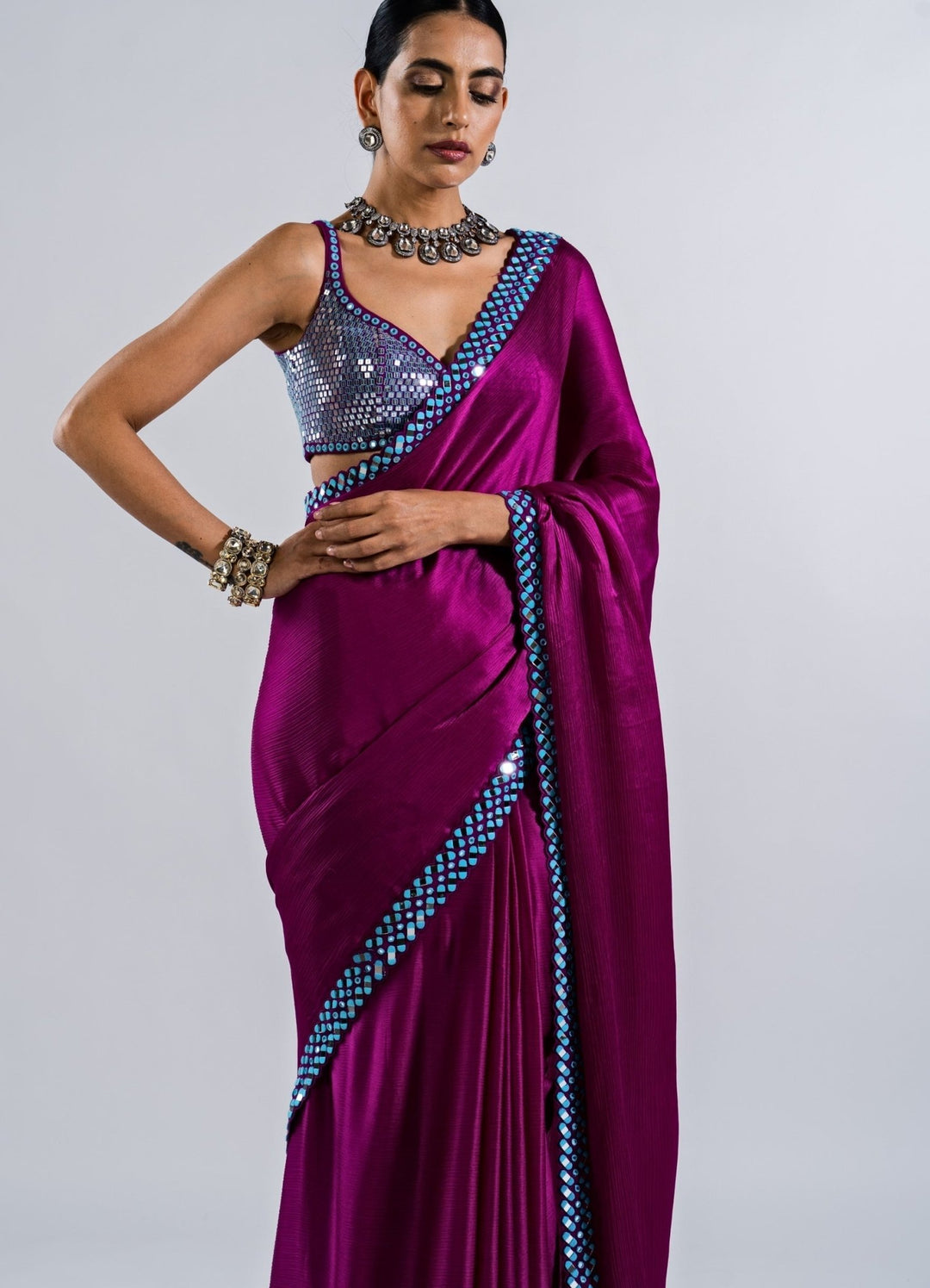 Pop Wine Satin Chiffon Saree With Metallic Sequinned Blouse Set Vvani by Vani Vats - Fabilicious Fashion