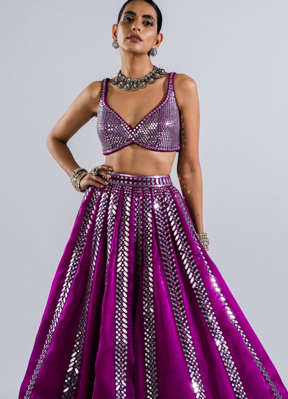 Pop Wine Single Linear Drop Mirror Lehenga With Metallic Sequinned Blouse Vvani by Vani Vats - Fabilicious Fashion