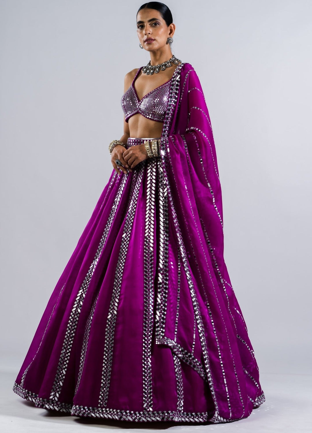Pop Wine Single Linear Drop Mirror Lehenga With Metallic Sequinned Blouse Vvani by Vani Vats - Fabilicious Fashion